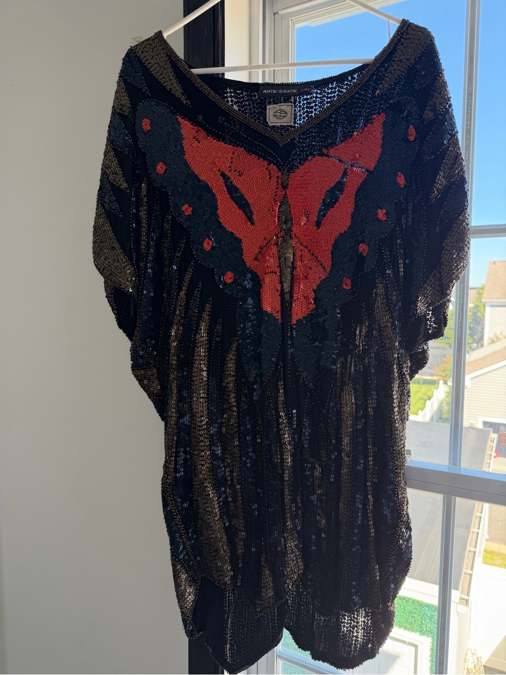 Antik Batik Black Sequin Mini Dress with Red Butterfly Motif